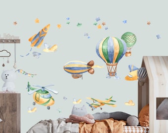 Sticker mural meuble autocollant chambre d'enfant transport aérien aquarelle avion zeppelin ballon à air chaud sticker mural sticker mural décoration chambre bébé