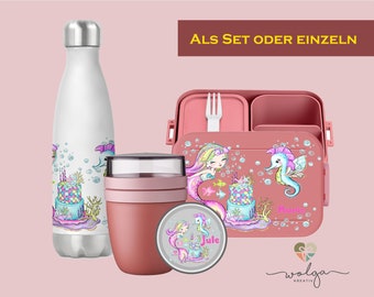 Personalisierte Bento Mepal Brotdose Thermo Trinkflasche Joghurtbecher Lunchpot mit Namen Pausenset für Schule und Kindergarten Meerjungfrau