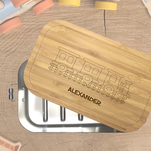 wolga-kreativ Personalisierte Brotdose aus Metall und Holz für Kinder mit Fächern und Unterteilung für Mädchen und Jungen Zug Zug