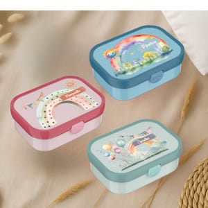 Zauberhafte Brotdose Kinder Regenbogen personalisiert mit Namen Mepal, mit Fächern und Trinkflasche Geschenk Einschulung Mädchen Jungen