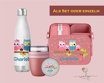 Personalisierte Bento Mepal Brotdose Thermo Trinkflasche Joghurtbecher Lunchpot mit Namen Eulenfamilie Pausenset für Schule und Kindergarten