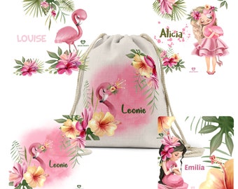 Sac en tissu bio BW sac de sport sac à dos sac de sport sac de sport sac de maternelle école maternelle avec nom personnalisé Flamingo