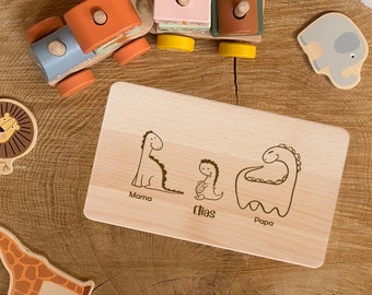 Planche de petit-déjeuner en bois pour enfants, cadeau pour bébé, gravure personnalisée avec le nom de la famille Dino