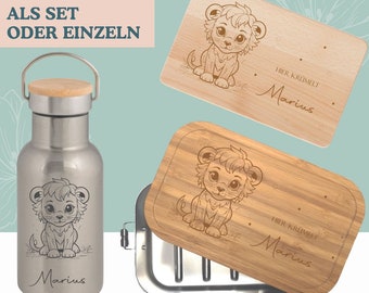 Metalldose Bambusdeckel, Holzbrettchen mit Gravur, Thermoflasche Kind personalisiert Geschenk Schule Kita Löwe mit Namen wolgakreativ