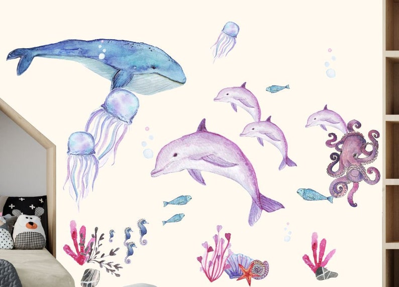 Sticker mural meuble sticker chambre d'enfant motifs maritimes baleine dauphin sticker mural sticker mural décoration chambre de bébé Delfin