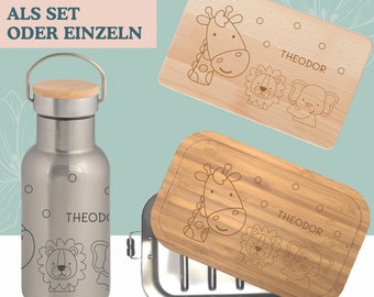 Metalldose Bambusdeckel, Holzbrettchen mit Gravur, Thermoflasche Kind personalisiert Geschenk Schule Kita Elefant mit Namen wolgakreativ