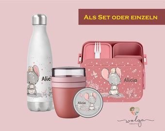 Personalisierte Bento Mepal Brotdose Thermo Trinkflasche Joghurtbecher Lunchpot mit Namen Maus Pausenset für Schule und Kindergarten