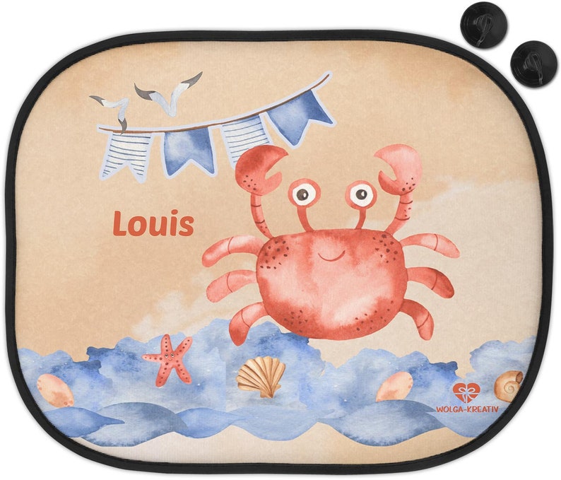 Sun protection for car sun visor children baby girl boy maritime water transport whale crab anchor with name printed personalized Krebs