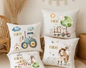 Kissen mit Namen – Bauernhof Kinderkissen 40x40 cm – Traktor, Tiere & Dorf Motiv – Kuschelkissen Kinder – Geschenk für Jungen und Mädchen