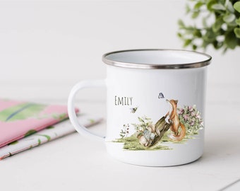 Tasse pour enfants en émail personnalisée avec nom incassable animaux de la forêt de la maternelle renard filles garçons