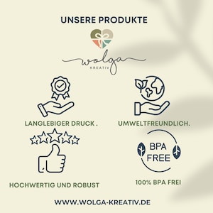 May include: A graphic design illustration of a heart with a gift inside, the word "walga" in cursive, and the words "KREATIV" below. The illustration is surrounded by a white background with a shadow effect. The text "UNSERE PRODUKTE" is at the top of the image. Below the illustration are two sets of icons with text. The first set shows a hand holding a checkmark inside a circle with the text "LANGLEBIGER DRUCK." Below the icon are five stars. The second set shows a hand holding a globe with the text "UMWELTFREUNDLICH." Below the icon is a circle with the text "BPA FREE" and the text "100% BPA FREI" below the circle. The text "HOCHWERTIG UND ROBUST" is below the first set of icons. The text "WWW.WOLGA-KREATIV.DE" is at the bottom of the image.