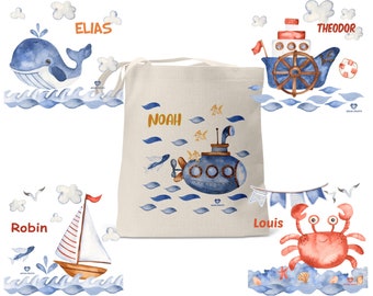 Kindertasche Stofftasche mit Namen personalisiert für Kinder Schiff Wal U-Boot Meer Segelboot Anker Mädchen Junge Kindergarten Schule