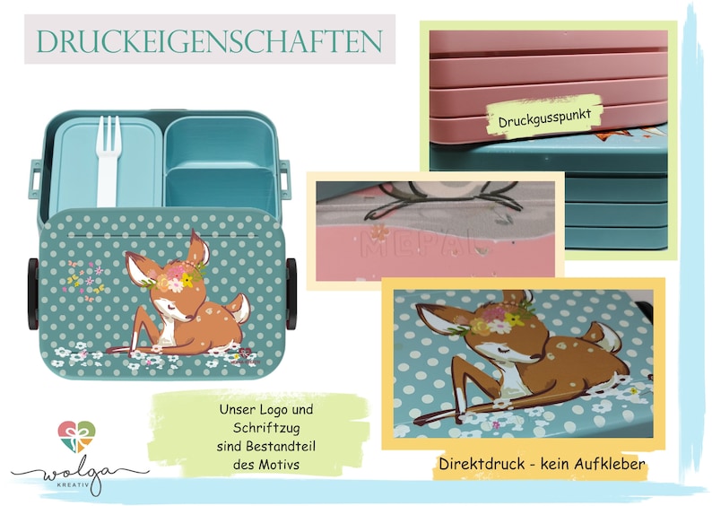 May include: A teal blue lunchbox with a white polka dot pattern and a deer illustration. The lunchbox has a removable top with a fork and three compartments. The text "DRUCKEIGENSCHAFTEN" is at the top of the image. The text "Unser Logo und Schriftzug sind Bestandteil des Motivs" is at the bottom left of the image. The text "Druckgusspunkt" is on the top right of the image. The text "Direktdruck - kein Aufkleber" is at the bottom right of the image.