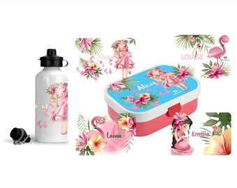 Set Mepal Campus Brotdose und Alu Trinkflasche für Mädchen Flamingo mit Namen personalisiert