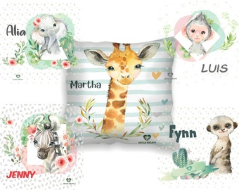 Coussin enfant personnalisé déco girafe safari chambre d'enfant chambre bébé bébé fille garçon-n coussin décoratif imprimé avec prénom