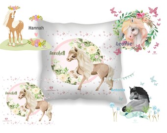 Kinderkissen personalisiert Deko Pony Kinderzimmer Babyzimmer Baby Mädchen Junge-n Deko-Kissen mit Namen bedruckt