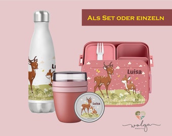 Personalisierte Bento Mepal Brotdose Thermo Trinkflasche Joghurtbecher Lunchpot mit Namen Reh Pausenset für Schule und Kindergarten