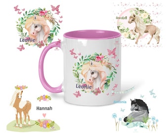 Keramik-Tasse Kaffebecher für Jungen und Mädchen Pony Pferd mit Namen personalisiert.