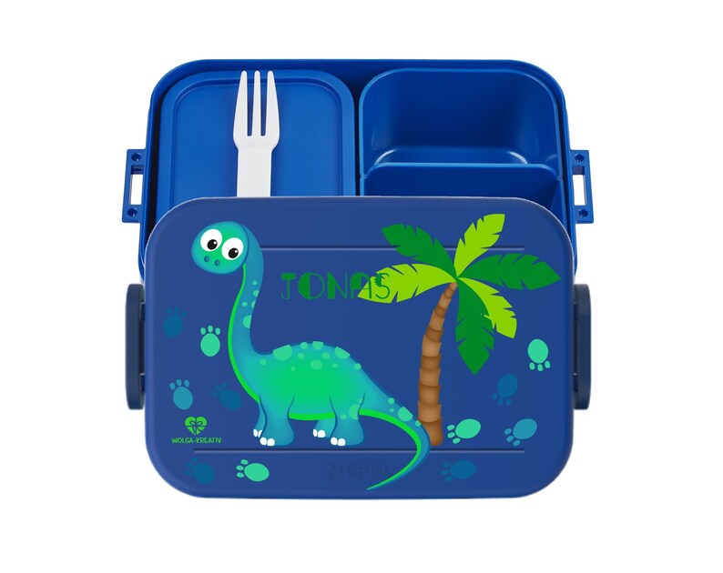 Boîte à lunch Bento Mepal personnalisée, bouteille thermique, tasse de yaourt, pot à déjeuner avec nom, ensemble de pause dinosaure à long cou pour l'école et la maternelle Bento Dose