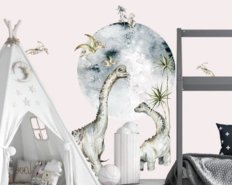 Sticker meuble sticker chambre d'enfant Dino Jungel dinosaure à long cou lune sticker mural sticker mural chambre de bébé chambre de garçon décoration de chambre de fille