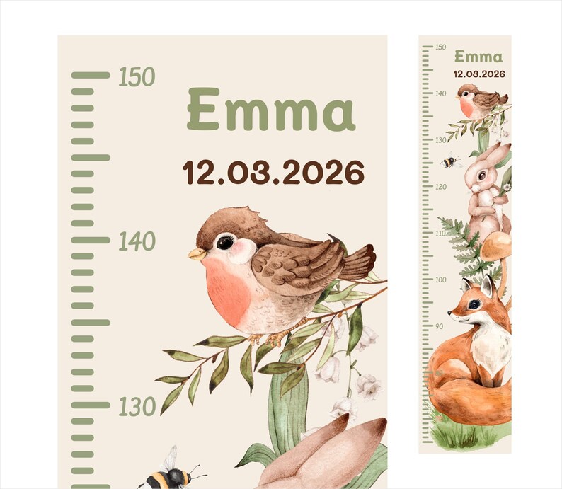 Bâton de mesure personnalisé animaux de la forêt enfant ruban à mesurer mur chambre d'enfant renard lapin autocollant avec nom date autocollant autocollant image 1