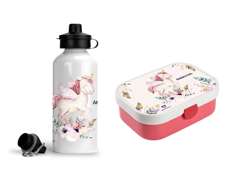 Personalized Mepal Campus lunch box, drinking bottle or children's cup for girlsUnicorn Boho with name for school and daycare Dose und Alu Flasche