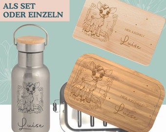 Metalldose Bambusdeckel, Holzbrettchen mit Gravur, Thermoflasche Kind personalisiert Geschenk Schule Kita Rehlein mit Namen wolgakreativ