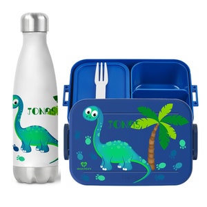 Boîte à lunch Bento Mepal personnalisée, bouteille thermique, tasse de yaourt, pot à déjeuner avec nom, ensemble de pause dinosaure à long cou pour l'école et la maternelle Dose und Flasche