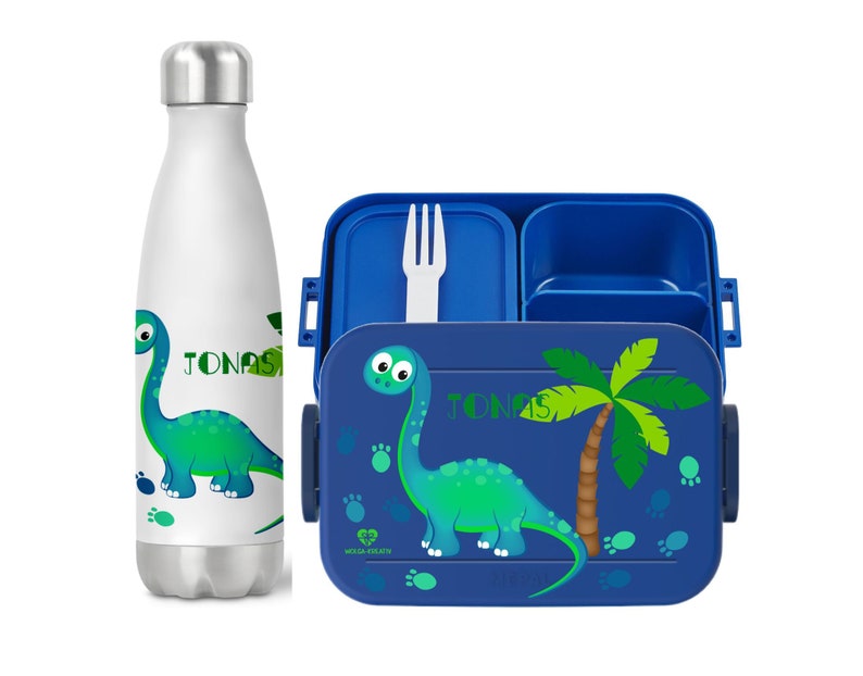 Boîte à lunch Bento Mepal personnalisée, bouteille thermique, tasse de yaourt, pot à déjeuner avec nom, ensemble de pause dinosaure à long cou pour l'école et la maternelle Dose und Flasche