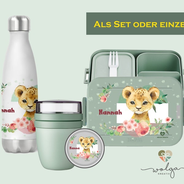 Personalisierte Bento Mepal Brotdose Thermo Trinkflasche Joghurtbecher Lunchpot mit Namen Löwe Pausenset für Schule und Kindergarten