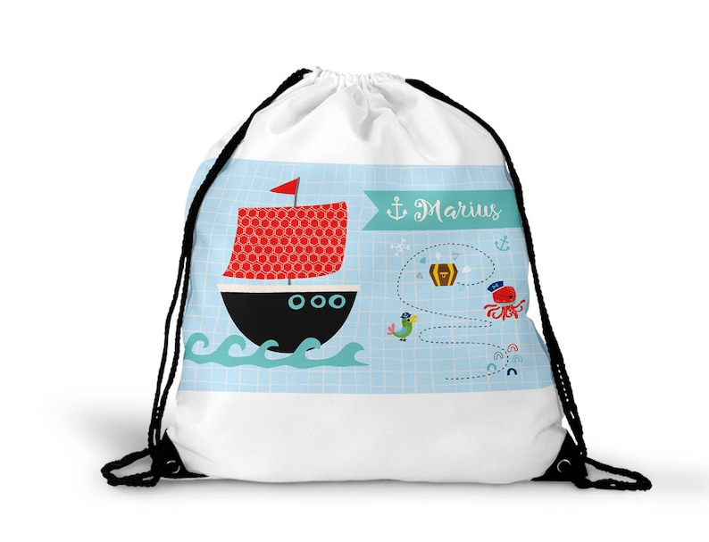 Gym bag with name Young ship pirate ship many motifs nursery school fabric bag