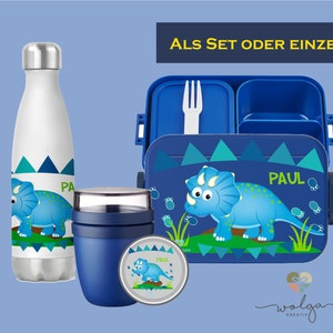 Personalized Bento Mepal lunch box thermo drinking bottle yoghurt cup lunchpot with name blue dino break set for school and kindergarten