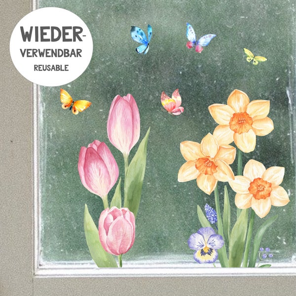 Fensterbild Fenstersticker Fenster-Aufkleber Frühling Blumen Blumenzweig-wiederverwendbar- Fensterdeko Frühlingsdeko Ostern Osterdeko