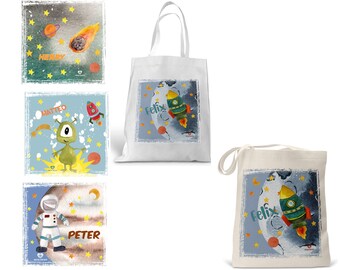 Sac pour enfants sac en tissu avec nom pour enfants fusée spatiale alien personnalisé fille garçon école maternelle