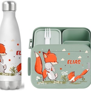 Boîte à lunch Bento Mepal personnalisée, bouteille thermique, tasse de yaourt, pot à déjeuner avec nom renard lapin, ensemble de pause pour l'école et la maternelle Dose und Flasche