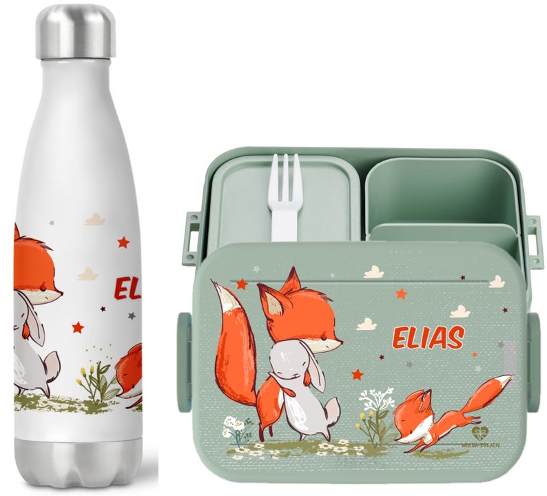 Boîte à lunch Bento Mepal personnalisée, bouteille thermique, tasse de yaourt, pot à déjeuner avec nom renard lapin, ensemble de pause pour l'école et la maternelle Dose und Flasche