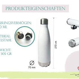 May include: White stainless steel water bottle with a screw-on lid. The bottle is 270 cm tall and 70 mm in diameter. The bottle has a capacity of 500 ml and weighs approximately 305 grams.