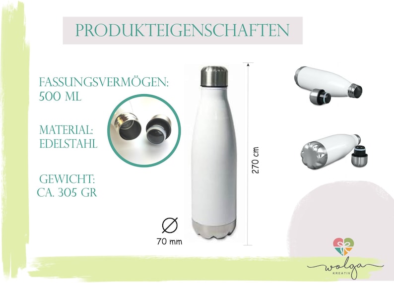 May include: White stainless steel water bottle with a screw-on lid. The bottle is 270 cm tall and 70 mm in diameter. The bottle has a capacity of 500 ml and weighs approximately 305 grams.