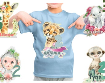 Tee shirt anniversaire chemise anniversaire personnalisé anniversaire enfant fille ou garçon prénom numéro safari singe léopard suricate