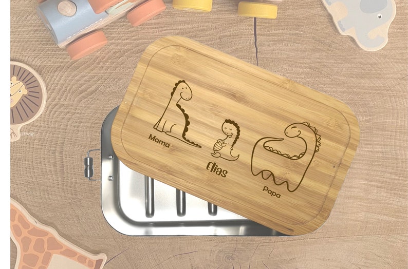 wolga-kreativ Personalisierte Brotdose aus Metall und Holz für Kinder mit Fächern und Unterteilung für Mädchen und Jungen Dino Dinofamilie 1 Kind