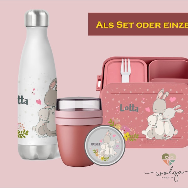 Personalisierte Bento Mepal Brotdose Thermo Trinkflasche Joghurtbecher Lunchpot mit Namen Hasenfamilie Pausenset für Schule und Kindergarten