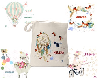 Children's bag fabric bag personalized with name for children dream catcher llama alpaca boho girl boy kindergarten school