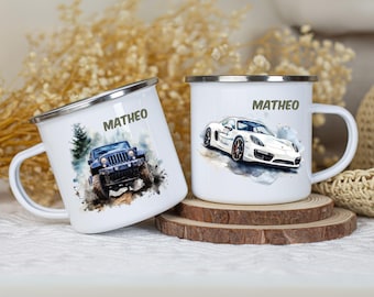 Enamel mug personalized children's mug with name mug children's mug gift 1st birthday car motifs for boys