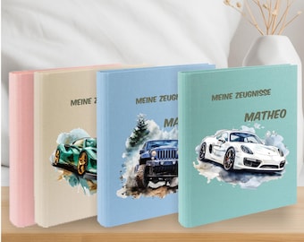 Personalized linen certificate folder A4 car – monster truck, racing car & Co – gift for school enrollment of a boy – folder with name