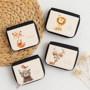 Personalisiertes Kinder Portemonnaie mit Namen und Tiermotiv wie Fuchs Löwe Reh Bär Hase Giraffe Katze oder Affe für Jungen und Mädchen