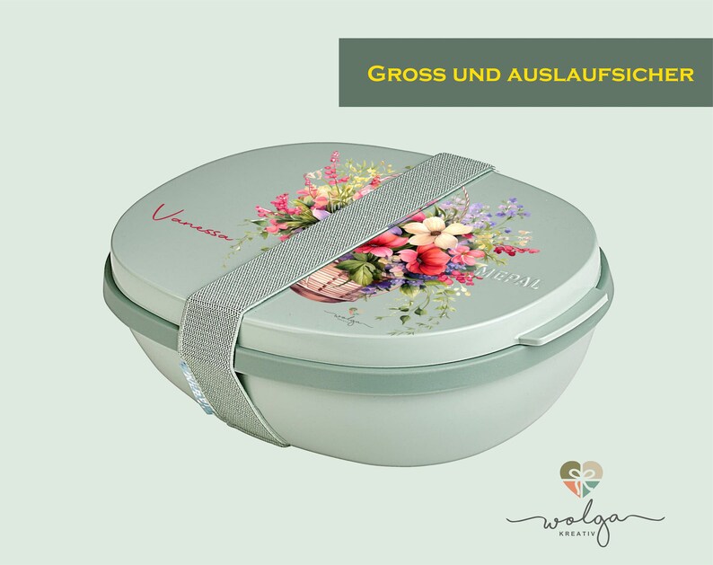 Boîte à salade personnalisée boîte à lunch boîte de bowling grande avec le nom de votre choix imprimé motif bouquet de fleurs avec compartiments étanches image 1
