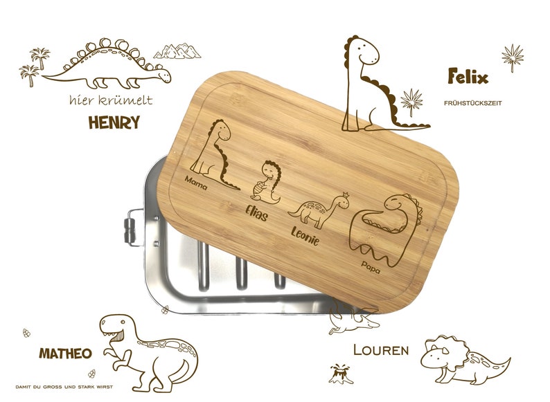 wolga-kreativ Personalisierte Brotdose aus Metall und Holz für Kinder mit Fächern und Unterteilung für Mädchen und Jungen Dino image 3