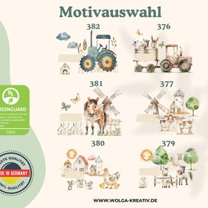 May include: A set of ten watercolor illustrations featuring farm animals and scenes. The illustrations include a tractor, a windmill, a barn, a horse, a chicken, and a cow. The illustrations are numbered 376, 377, 379, 380, 381, and 382.