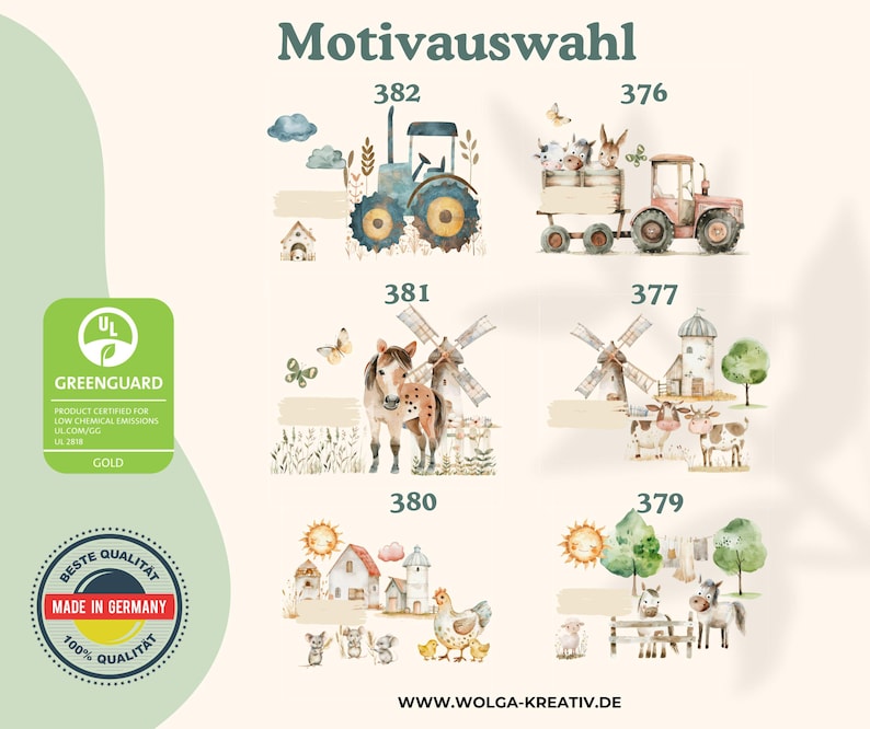May include: A set of ten watercolor illustrations featuring farm animals and scenes. The illustrations include a tractor, a windmill, a barn, a horse, a chicken, and a cow. The illustrations are numbered 376, 377, 379, 380, 381, and 382.