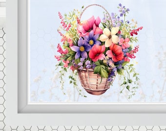 Autocollant de fenêtre d’image de printemps autocollant de fenêtre fleurs suspendues dans un pot printemps été réutilisable